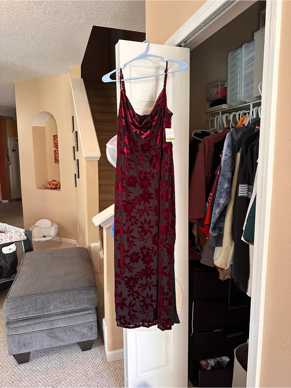 Taylor Wine Red Floral Velvet Burnout Slip Midi Dress